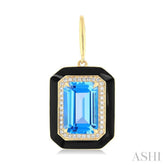 12x8 MM Emerald Cut Blue Topaz and 1/3 ctw Round Cut Diamond Halo & Black Enamel Border Semi Precious Earrings in 14K Yellow Gold